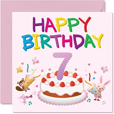 Image of 7th Birthday Card Girl Critter Party Happy 7 Year Old Girl, Girls Cards for Her, 145mm x Greeting Daughter Niece Granddaughter Kid Children