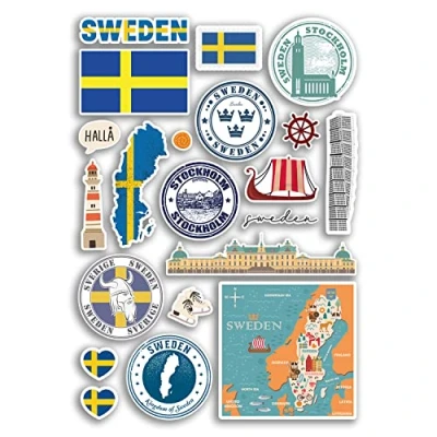 Image of A4 Sticker Sheet Sweden Vinyl Stickers Stockholm Landmarks City Beach Flag Map Holiday Suitcase Luggage Scrapbook Culture Travel #78883