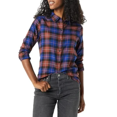 Image of Amazon Essentials Women&#039;s Classic Fit Long Sleeve Lightweight Plaid Flannel Shirt, Multicolour Windowpane, XL