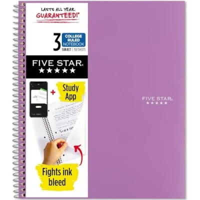 Image of Five Star Spiral Notebook, 3 Subject, College Ruled Paper, 150 Sheets, 11&quot; x 8 1/2, Purple (38746)