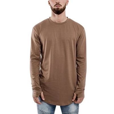 Image of Blackskies Round Long Sleeve Basic Men&#039;s Longine T Shirt Oversized Curved Hem Sweater L/S Tee Brown X Large XL