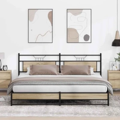 Image of vidaXL Metal Bed Frame Sonoma Oak, Double/King Size, Steel &amp; Engineered Wood with Headboard Sturdy Elegant Design for Modern Bedroom