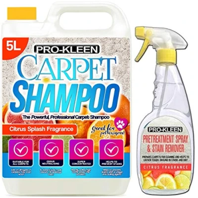 Image of Pro Kleen 5 Litres Professional Extraction Citrus Concentrate Carpet Shampoo With 750ml Stain Remover &amp; Pre Treatment Spray