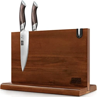 Image of HOSHANHO Magnetic Knife Block 14 x 10 Inches, Double Sided Holder Rack for Kitchen Counter, Acacia Wood Storage Stand with Sharpener