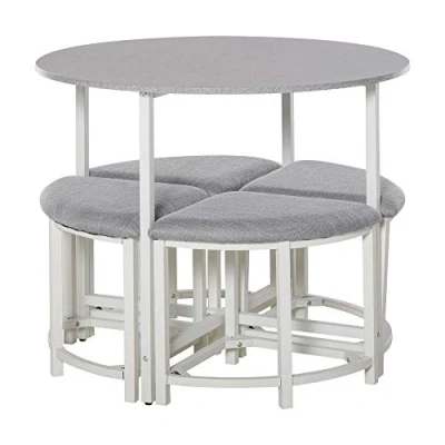 Image of HOMCOM Modern Round Dining Table Set with 4 Upholstered Stools for Room, Kitchen, Dinette