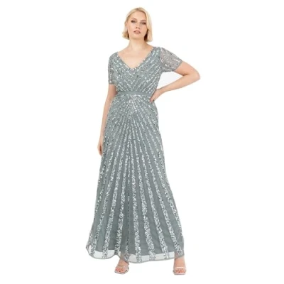 Image of Maya Deluxe Women&#039;s Maxi Ladies Embellished Sequin Dress Long Short Sleeve V Neck High Empire Waist A Cut Shiny Prom Wedding Bridesmaid, Misty Green, 14