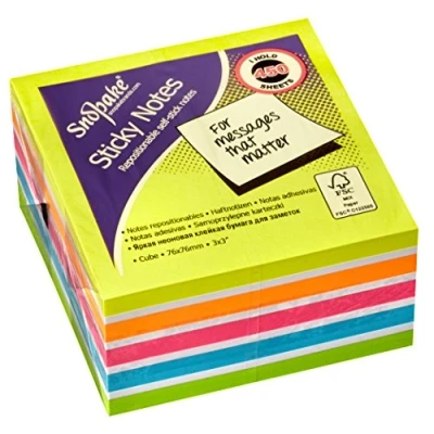 Image of Snopake 76 x mm Multicoloured Rainbow NeonMix Sticky Notes [Cube of 450 Sheets] 15761