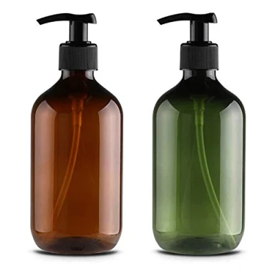 Image of 2 Pcs Empty Press Pump Bottles, 500ML/17oz Refillable Bottle for Cooking Sauces, Plastic Liquid Soap Dispenser Container Essential Oils, Lotions, Shampoo, Conditioner (Brown Green)