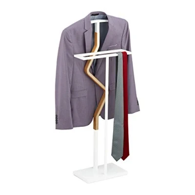 Image of Relaxdays Valet Stand, Suit Holder, Clother Butler, Wardrobe Hanger, Wood, Metal, HxWxD 107x48x20 cm, White/Natural, Steel, Fibreboard, 107 x 48 20 cm