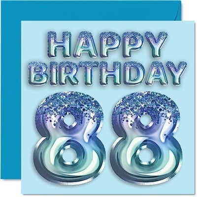 Image of 88th Birthday Card for Men Blue Glitter Party Balloon Happy Cards 88 Year Old Man Great Grandpa Grandad Dad Gran, 145mm x Eighty Eight Eighth Greeting Gift