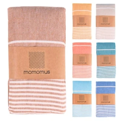 Image of MOMOMUS XXL Beach Fouta, with Fringes and 100% Cotton Ideal as a Large Anti Sand Towel, Free Picnic Blanket, Giant Pareo or Pool Mat Brown, 210x240 cm