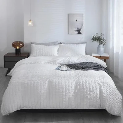 Image of Seersucker Bedding Set Double Bed Duvet Cover Sets 100% Cotton White Waffle Quilt Covers with Pillowcases