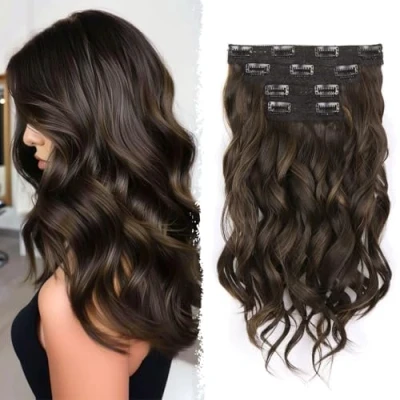 Image of Dark Brown Hair Extensions Clip In 14 Inch Synthetic Wavy Curly Extension For Women And Girls (Color: with Light Highlights)