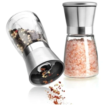 Image of COM FOUR® 2 Piece Salt and Pepper Mill Set Made of Glass Stainless Steel with Ceramic Grinder Elegant Kitchen Accessories Modern Spice rasp (02 Pieces lid)