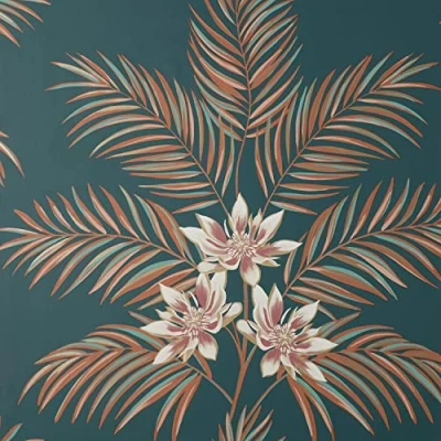 Image of Bali Floral Leaves Navy Orange Wallpaper Botanical Flowers Modern Contemporary Palm Tropical Metallic Gold