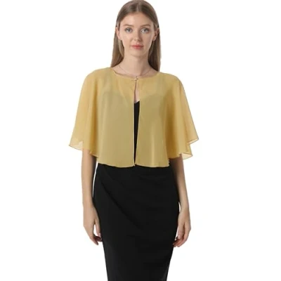 Image of Soft Capelets capes Shawls and Wraps for Dress Chiffon Shrug Wedding Cape Cover Up, Gold, One Size