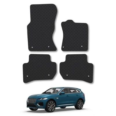 Image of Rubber Car Mats Compatible with Jaguar F Pace (2016 ) Tailored Fit Floor Set Accessory Black Custom 4 Pieces Clips Anti Slip Backing, Heavy Duty &amp; Waterproof