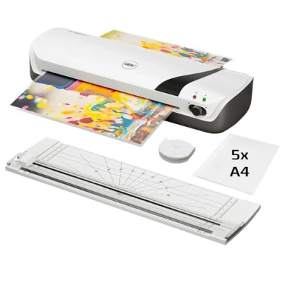 Image of GBC Inspire+ 4 in 1 A4 Laminator, Paper Cutter and Corner Rounder, Includes Starter Kit with Laminating Pouches. for 75 to 125 mic Pouches, Laminator White (4410034)