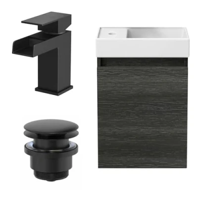 Image of Artis® 400mm Bathroom Vanity Unit Ceramic Wash Sink Wall Hung Storage Cabinet Reversible Soft Close Cupboard &amp; Black Waterfall Basin Mixer Tap Waste Set, Charcoal Grey