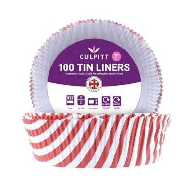 Image of Culpitt 7&quot; Cake Tin Liners Red Stripe 100 Pack Greaseproof Paper Liner for Cakes, Pies, Tarts, Air Fryer Liner, Made in The UK