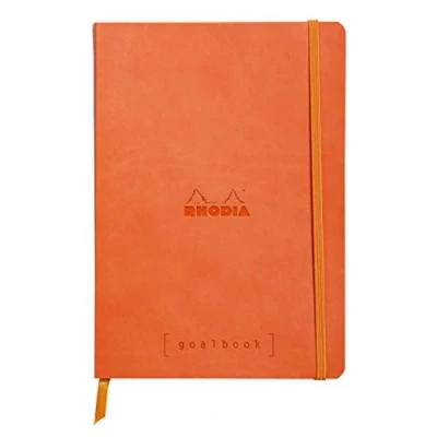 Image of RHODIA 117754C Soft Bullet Journal Goalbook Tangerine Notebook A5 Dotted Dot 240 pages 90g Ivory Clairefontaine Paper 2 Ribbons, Elastic Closure Faux Leather Cover