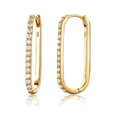 Image of Miore 18 ct Gold Plated 925 Sterling Silver Earrings for Woman, Oval Hoops 2.45 mm Sqare with Cubic Zirconia Gems 0.25ct Delivered in Jewellery Box