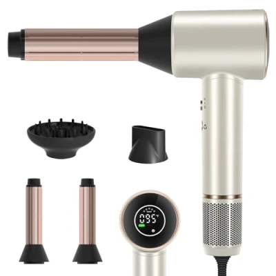Image of PARWIN PRO BEAUTY Air Sonic Hair Dryer with Diffuser, HD LED Display &amp; 110, 000 RPM High Speed Ionic Blow Dryer, 32mm Left Right Auto Wrap Curlers, Silver Professional Version
