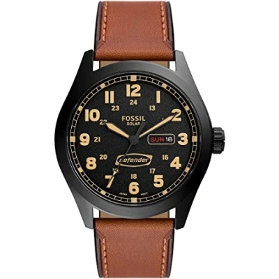 Image of Fossil Watch for Men Defender, Solar Movement, 46 mm Black Stainless Steel Case with a Leather Strap, FS5978