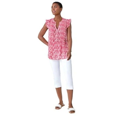 Image of Roman Womens Floral Print V Neck Frill Sleeve Blouse Pink Size 10 UK