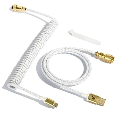 Image of MAMBASNAKE C03 Coiled USB C Cable for Gaming Keyboard, Starlight Braided Mechanical Keyboard with Gold Detachable Metal Aviator, Double Sleeved, Pro Custom Type Charging White