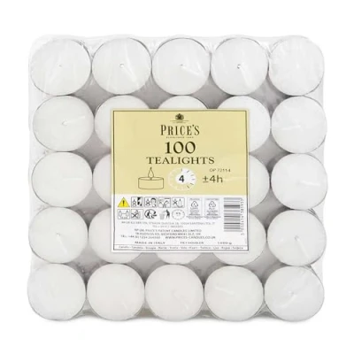 Image of Price&#039;s Candles 100 Pack 4 Hour Tea Light Vegan &amp; Kosher Friendly Long Clean Burn Unscented Lights for Everyday Use Great Everday Use, Wax Melt Burners Food Warmers