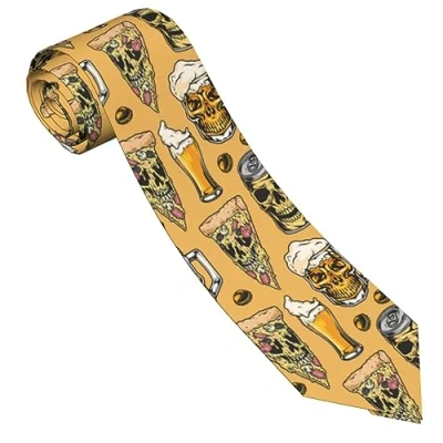 Image of ZORIN Skull Beer Pizza Tie For Men Slim Silk Men&#039;S Neckties 8 Cm/3.2 Inch Wedding Party Business Graduation