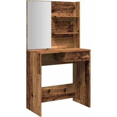Image of vidaXL Dressing Table with Mirror Engineered Wood, 74.5x40x141 cm, Modern Vanity Shelves and Drawer, Old Wood Finish, Ideal for Living Rooms Bedrooms