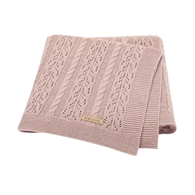 Image of DovFanny Baby Blanket Cotton Cable Knitted Cellular Cozy Breathable for Boy and Girls 90 x 70cm Pink