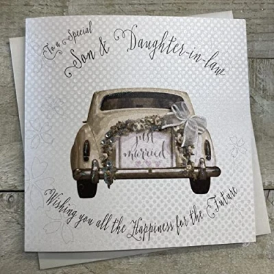Image of WHITE COTTON CARDS Son &amp; Daughter in Law, Handmade (Wedding Card),16cm x 16cm