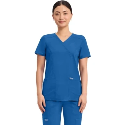 Image of CHEROKEE Women Woman Scrub Top Revolution Medical Clothing Mock Wrap with Pockets WWE610 Royal 3XL