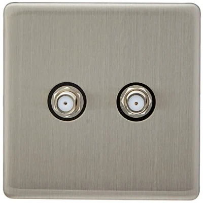 Image of AET SL2GSKYBL Screwless Satin Chrome Flat 2 Gang Sky Socket Black Insert