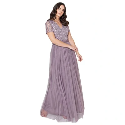 Image of Maya Deluxe Women&#039;s Maxi Dress Ladies Bridesmaid V Neck Ball Gown Short Sleeves Long Elegant Empire Waist Wedding, Moody Lilac, 16