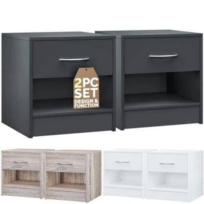 Image of CASARIA® 2x Kiel Bedside Tables with Drawer &amp; Shelf 41cm Height Nightstand Storage 41x39x28cm Aluminium Look Handle Small Side Unit Bedroom Cabinet Chest Furniture Anthracite