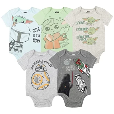 Image of Star Wars The Mandalorian Baby Yoda Darth Vader Boys 5 Pack Bodysuit 6 9 Months