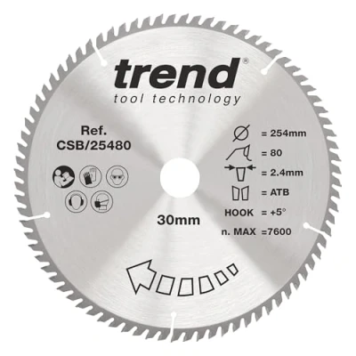 Image of Trend Wood Circular Saw Blade, 254mm Diameter, 30mm Bore, 80 Teeth, 2.4mm Kerf, +5 Hook, TCT, Extra Fine Finish, CSB/25480