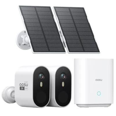 Image of AOSU Solar Security Cameras Wireless Outdoor, 2K QHD Home System, 2 Kit with 166 Ultra Wide View, Forever Power, Spotlight Camera, 32G Local Storage, No Monthly Fee