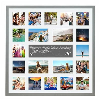 Image of Large Multi Aperture Picture Photo Collage Frame, Colours and Designs (Travelling, Pale Grey)