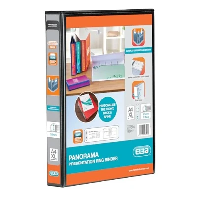 Image of Elba A4 2 D Ring Binder, 25mm capacity, 40mm spine, Presentation Folder with Customisable Cover, Portrait, Black (Single)