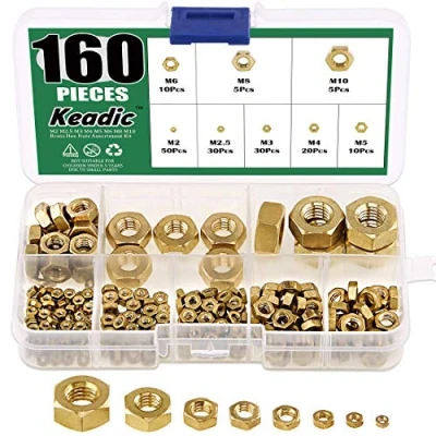 Image of Keadic 160Pcs Brass Hex Nuts Assortment Kit, Full Finished Metric M2 M2.5 M3 M4 M5 M6 M8 M10