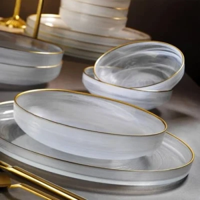 Image of Fecra Loya 18 Piece Dinner Set for 6 People, Clear White/Gold