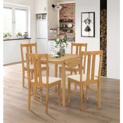 Image of Hallowood Furniture Ledbury Small Round Dining Table and Chairs Set 4, Drop Leaf Cream Fabric Padded Seat Chairs, Wooden Folding Light Oak Room
