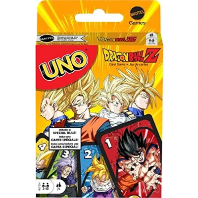 Image of Mattel Games UNO Dragon Ball Z Card Game for Family Night Featuring Deck with TV Show Themed Graphics &amp; Special Rule 2 10 Players