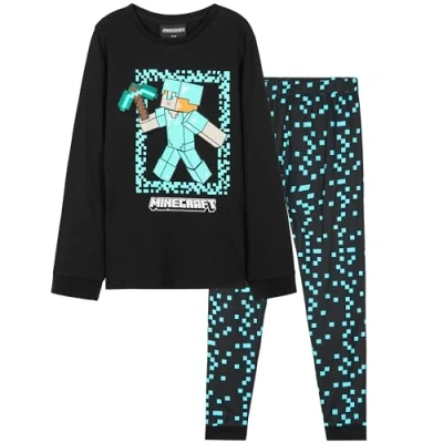 Image of Minecraft Boys Long Pyjamas Set, Comfy Cotton PJs Creeper Loungewear Gamer Gifts for (Black/Blue, 9 10 Years)