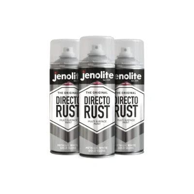 Image of JENOLITE Directorust Metallic Gloss Spray Paint WHITE Gold 3x400ml Multi Surface for Metal, Wood, Plastic All In_OnePrimer, Undercoat and Topcoat Interior &amp; Exterior